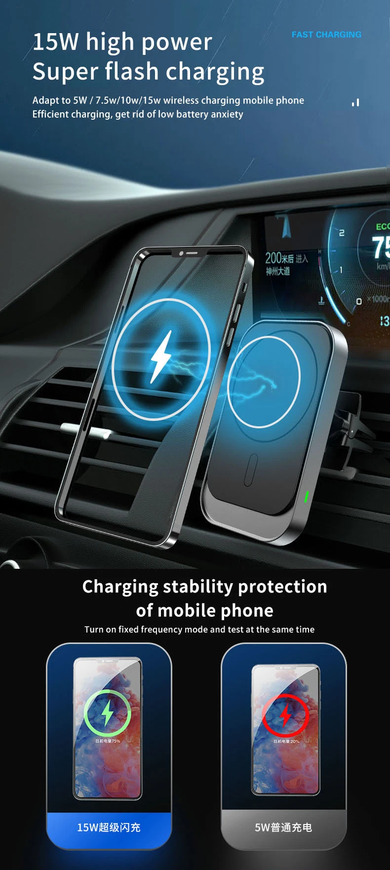 New Arrival 15W Fast Charging Car Magnetic Wireless Charger