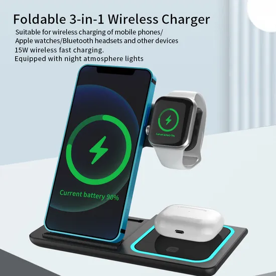Support de chargeur sans fil Qi pour téléphone sans fil, charge pliable rapide 15W Qi 3 en 1